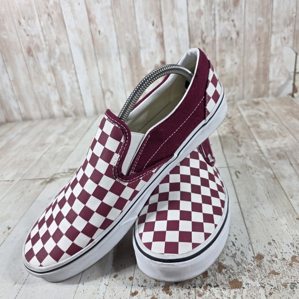 Vans Classic Slip-On Burgundy White Checkerboard Canvas Skate Shoes Mens 10 - Picture 7 of 8